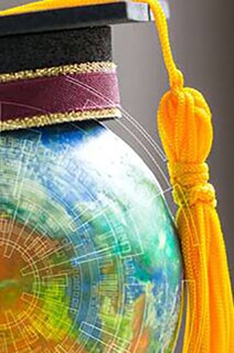 A graduation hat atop a globe with an overlay of graphics
