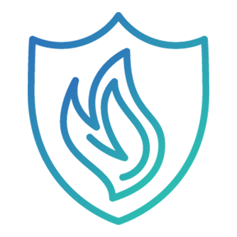 Blue line-illustration of a flame enclosed in a circle connected to three smaller circles with dotted lines 