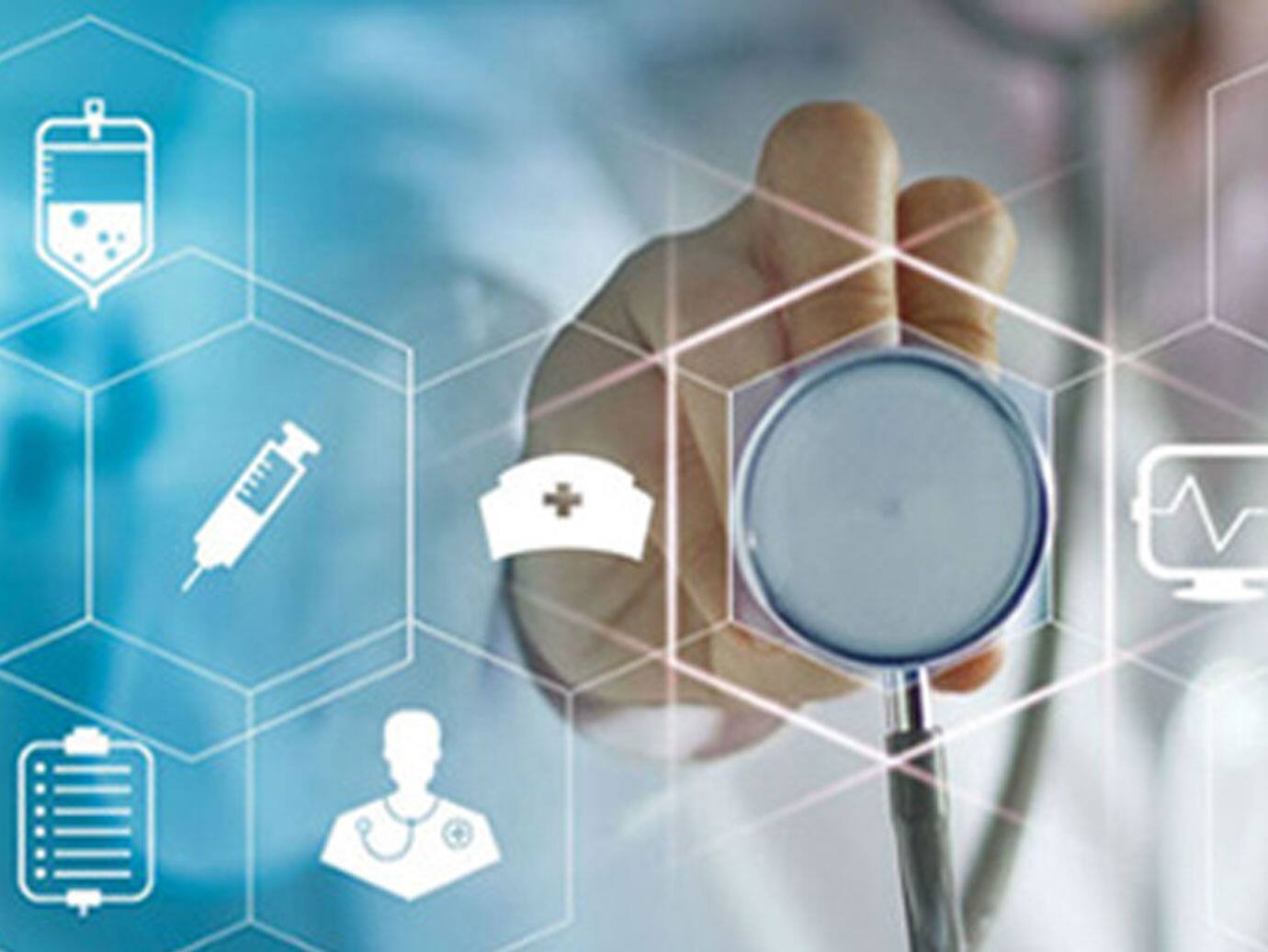 A doctor holding up a stethoscope overlaid with graphics representing medical services