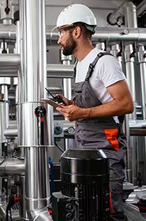 Engineer in safety helmet inspecting gas pipes