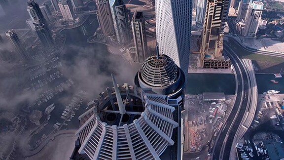 Aerial view of Burj Khalifa and other surrounding sky scrappers