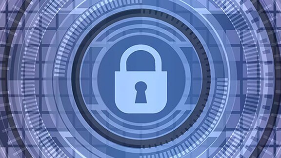A graphical representation of cyber security with blue circles with a lock in the middle