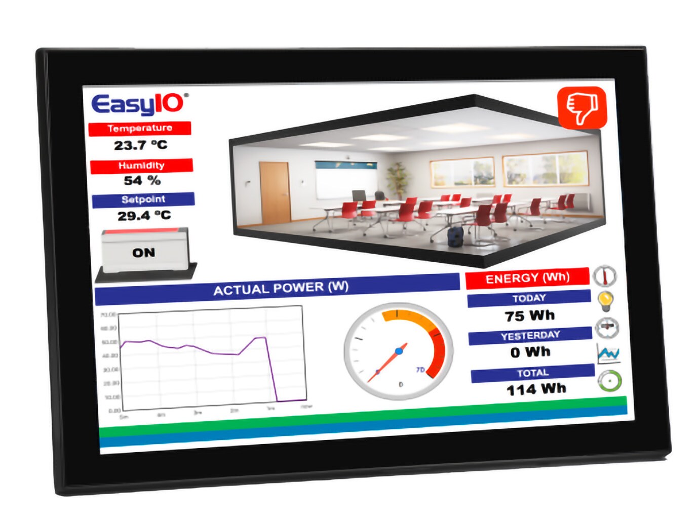 A screen showing a building management interface with a visual of a room layout, temperature and humidity readings