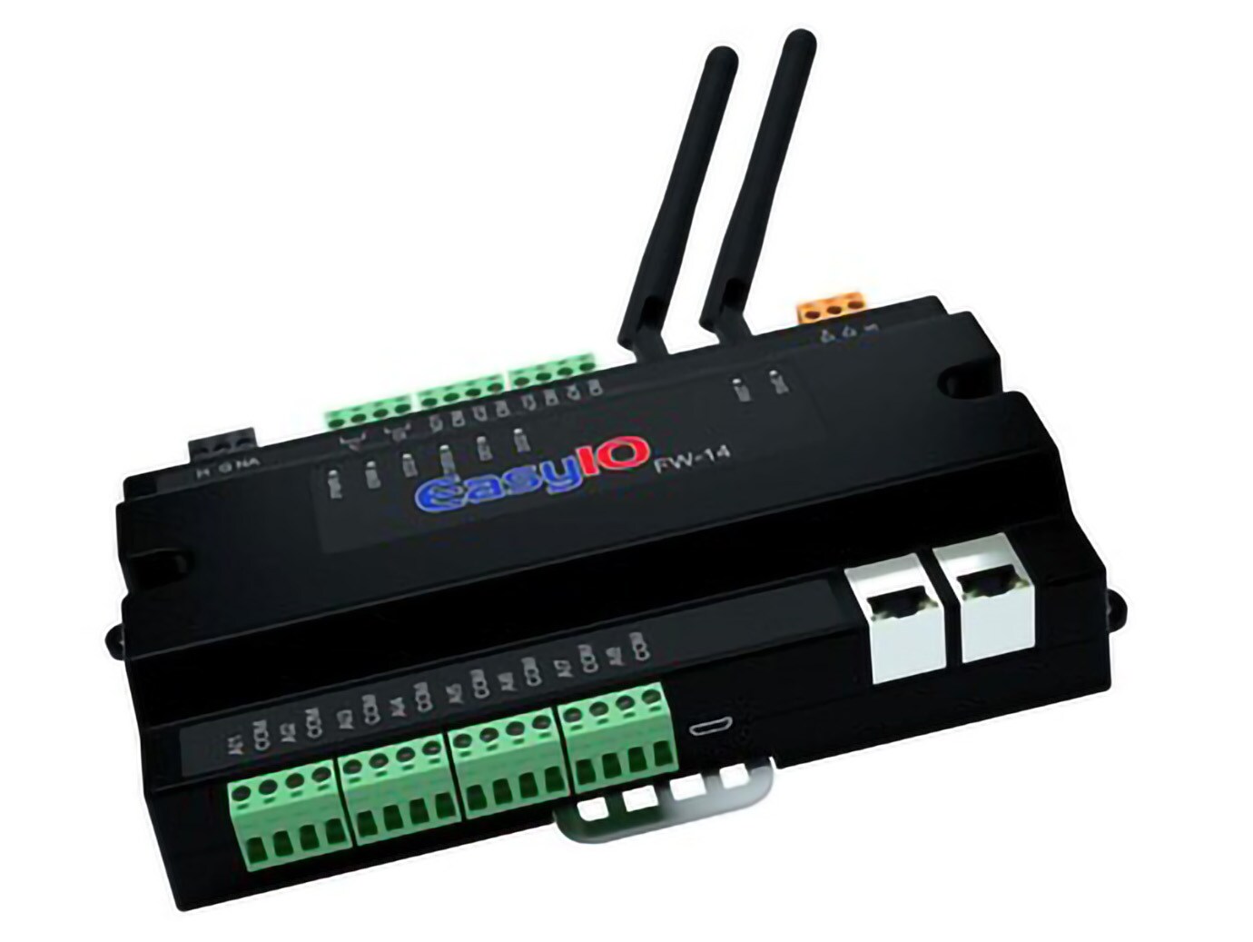 An Industrial electronic device labeled EasyIO, featuring multiple connection ports and two antennas