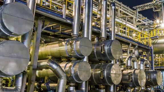 A factory at night time