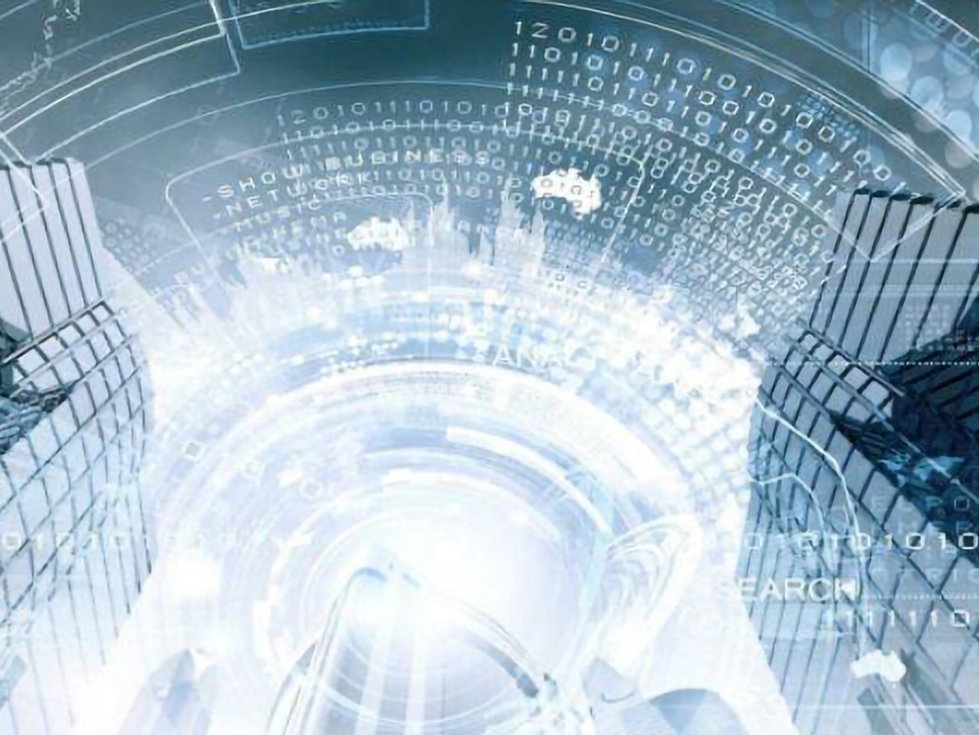 Low-angle shot of high-rise buildings with an overlay of binary graphics