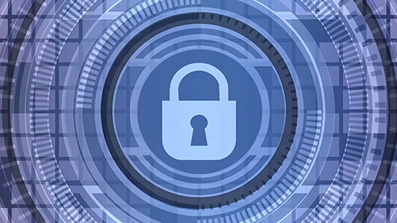 A graphical representation of cyber security with blue circles with a lock in the middle