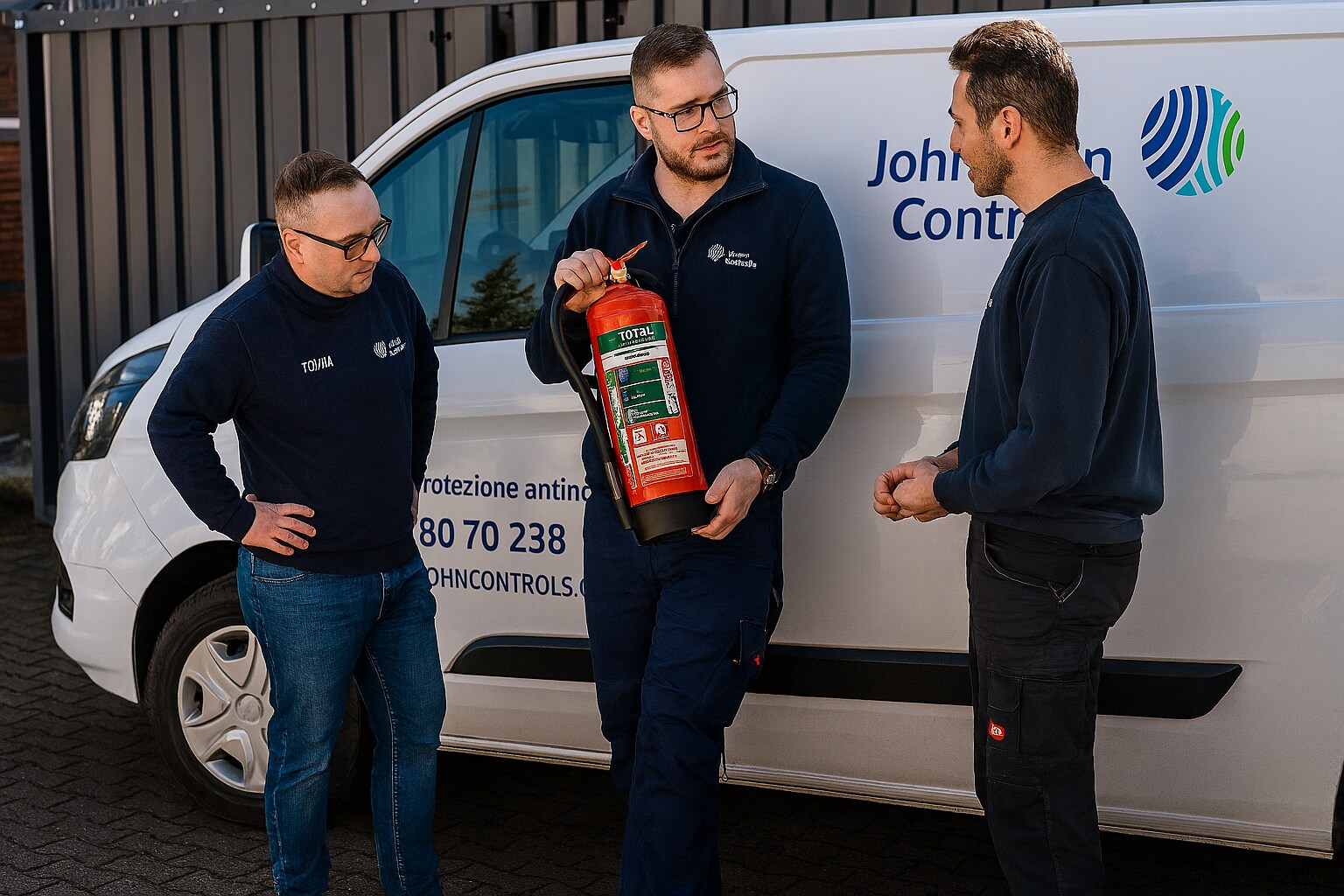 Johnson Controls engineers having a conversation while holding a Total fire extinguisher