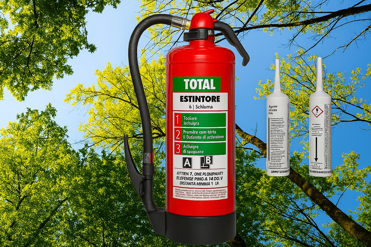 Total fire extinguisher overlaid on an image of green trees