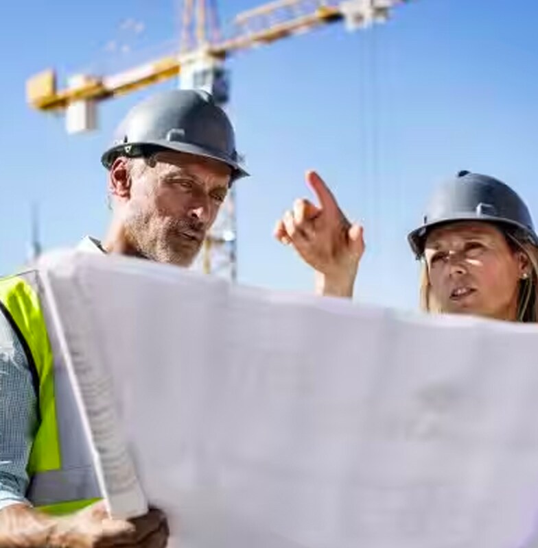 Construction crew analyzing a blueprint