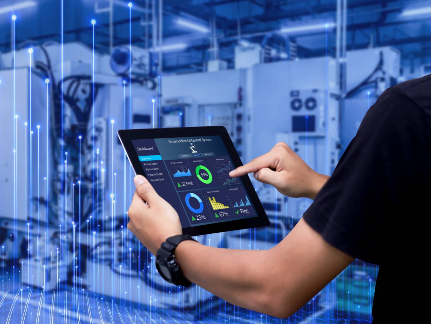 A person browsing a tablet in an industrial facility